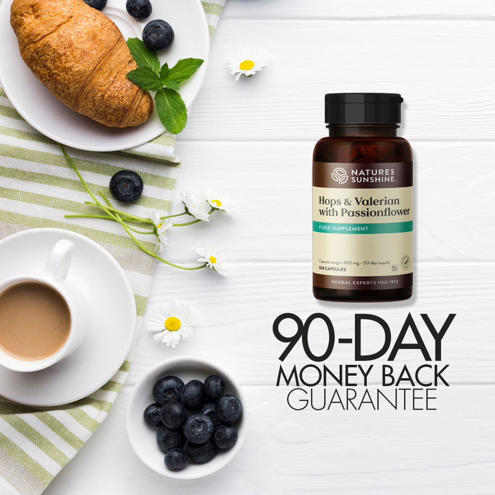 Pot of Nature's Sunshine Hops Valerian and Passion Flower highlighting the 90-day money-back guarantee
