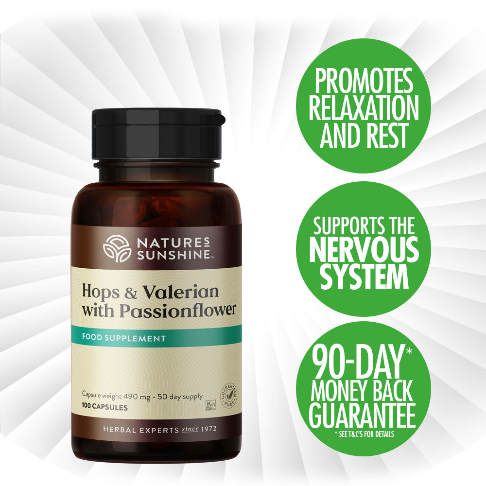Natures Sunshine Hops Valerian & Passionflower promoting relaxation and rest
