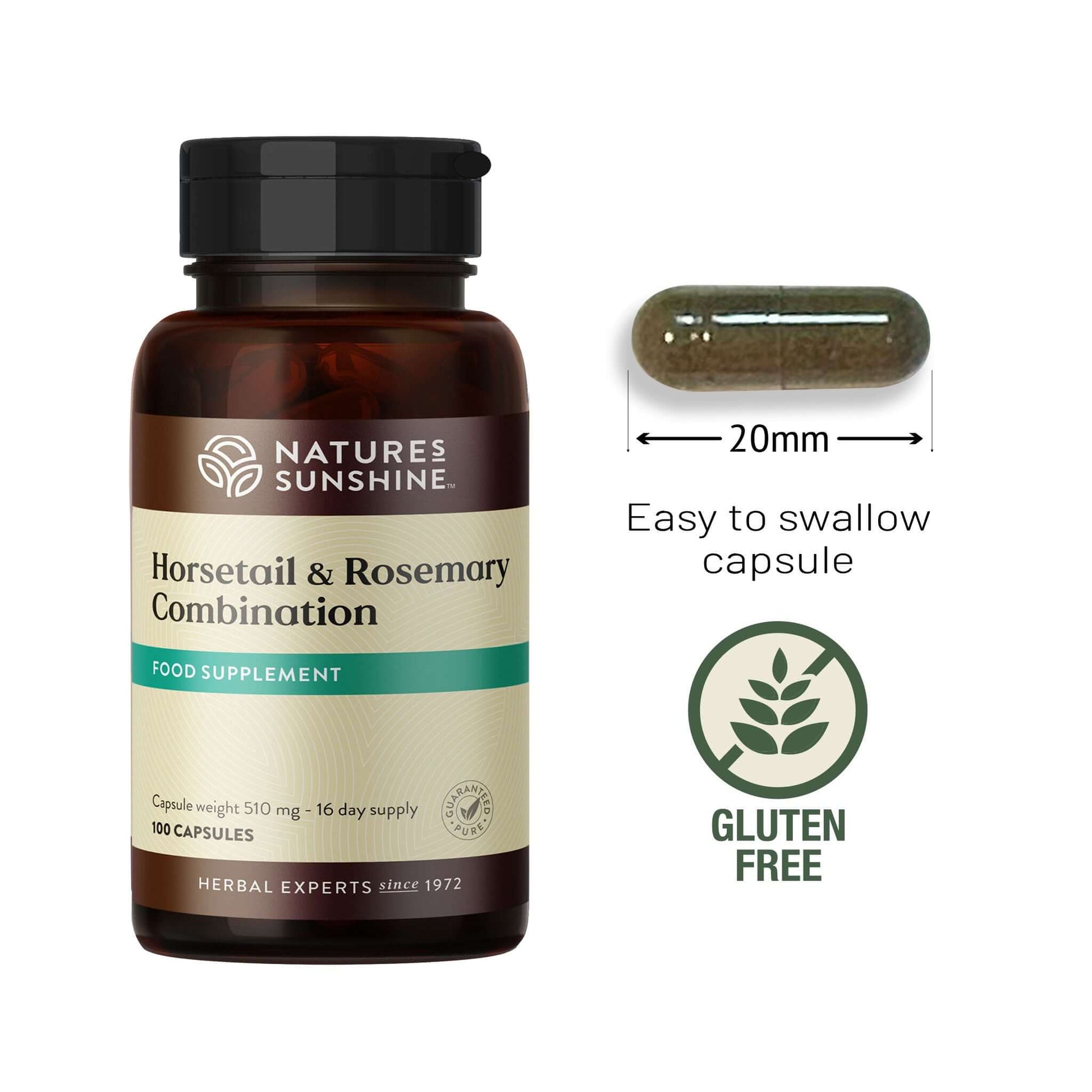Natures Sunshine Horsetail & Rosemary Combination supplement bottle with capsule and size measurement and Gluten Free icon