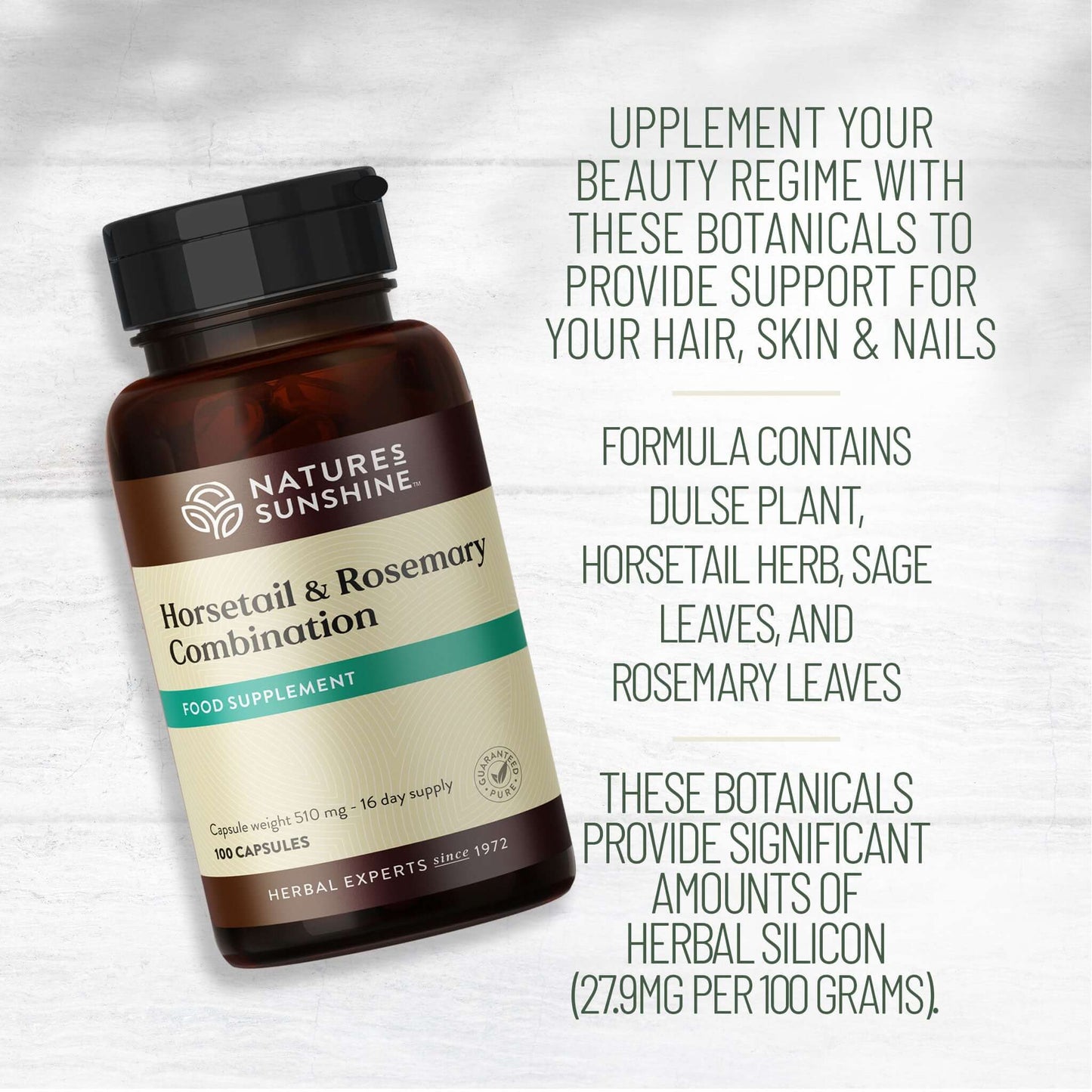 Natures Sunshine Horsetail & Rosemary supplement with text about botanicals for hair, skin, and nails