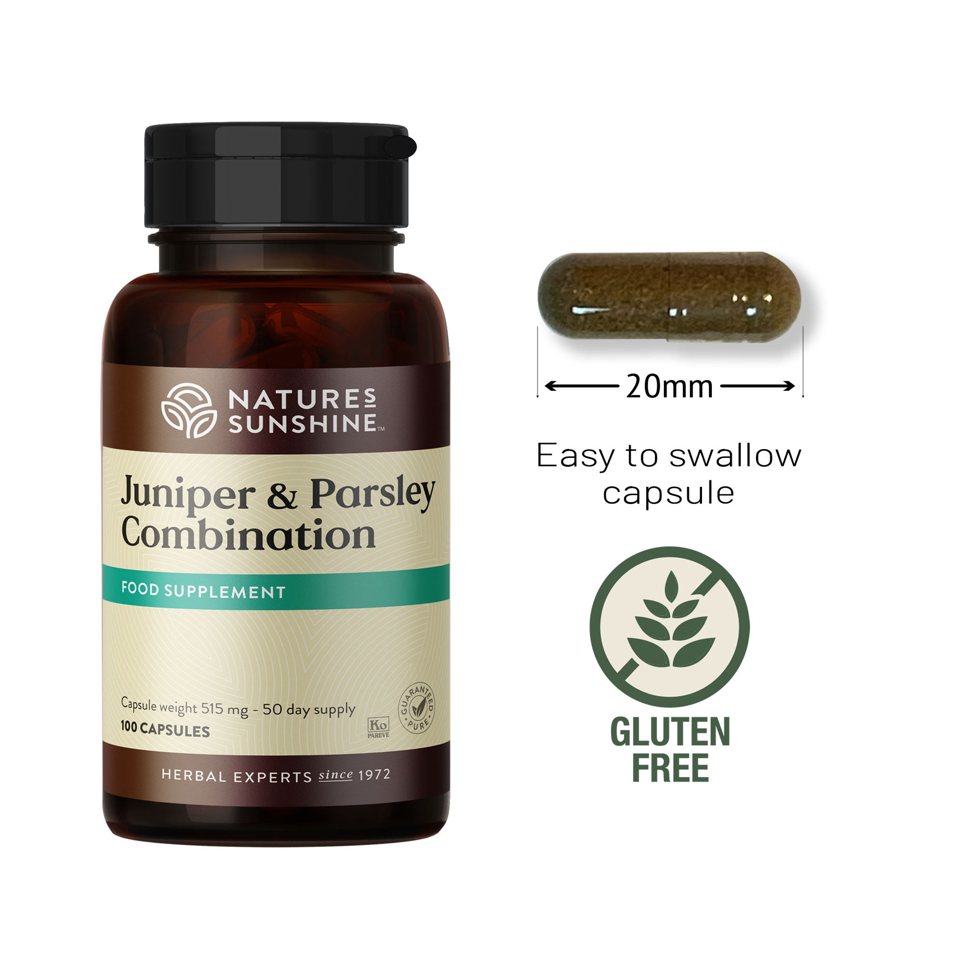 Natures Sunshine Juniper & Parsley Combination supplement bottle with capsule and measurement details on a white background