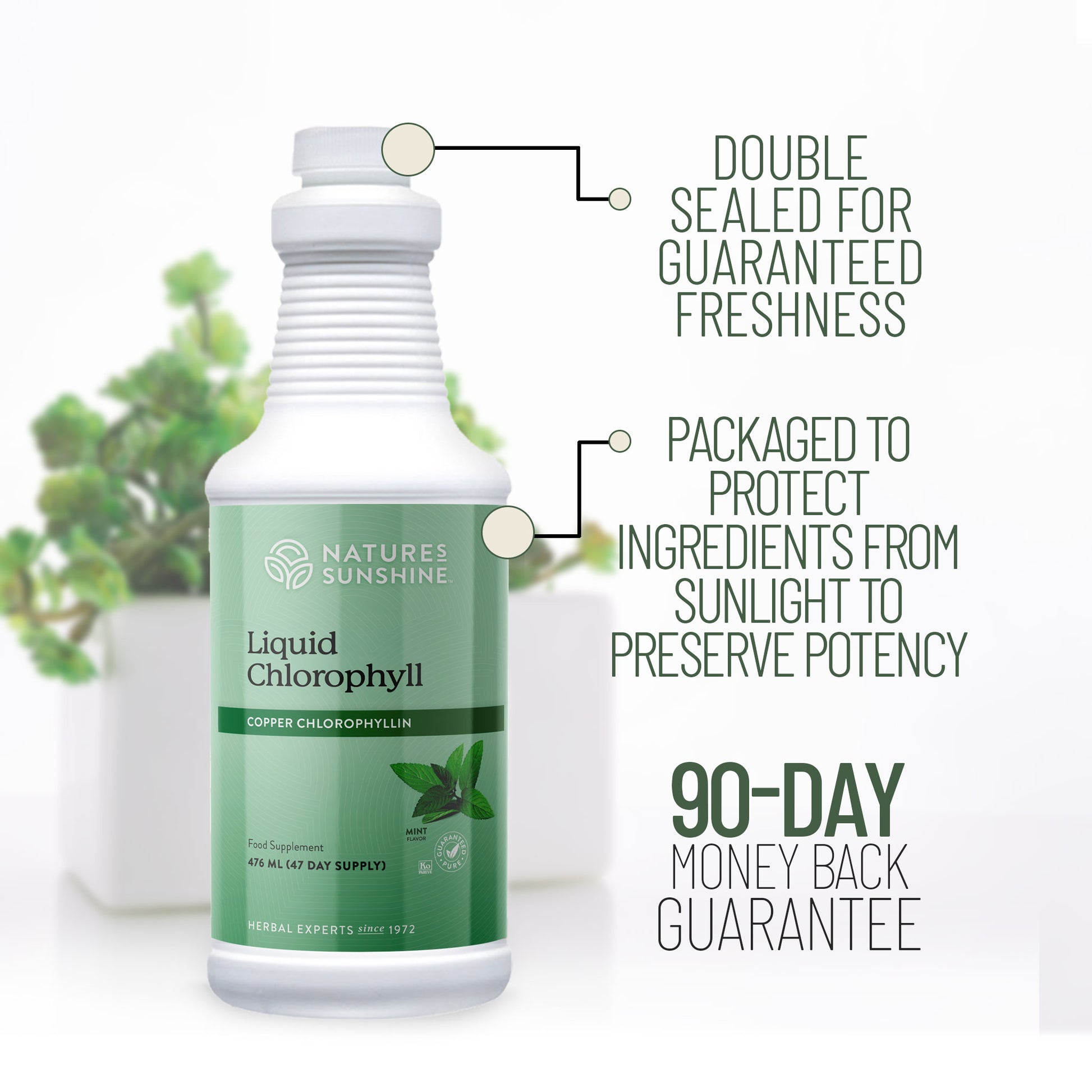 A bottle of Nature's Sunshine Liquid Chlorophyll with text highlighting double-sealing, protection from sunlight, and 90-day money-back guarantee.