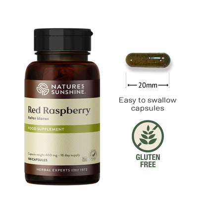 Nature’s Sunshine Red Raspberry supplement bottle with capsule shown beside for size reference, labelled gluten free.