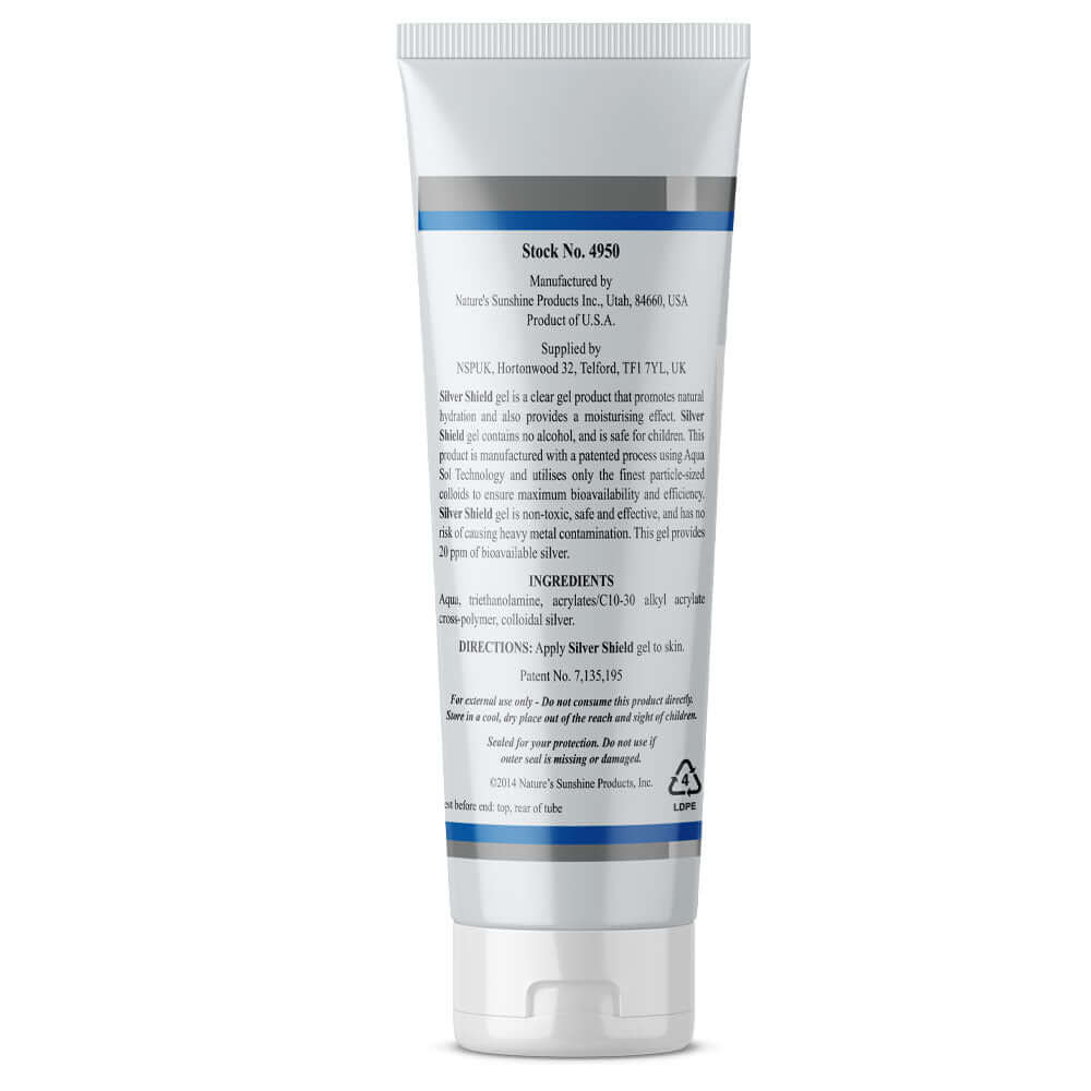 Nature's Sunshine Silver Shield Gel Back showing ingredients and directions for use