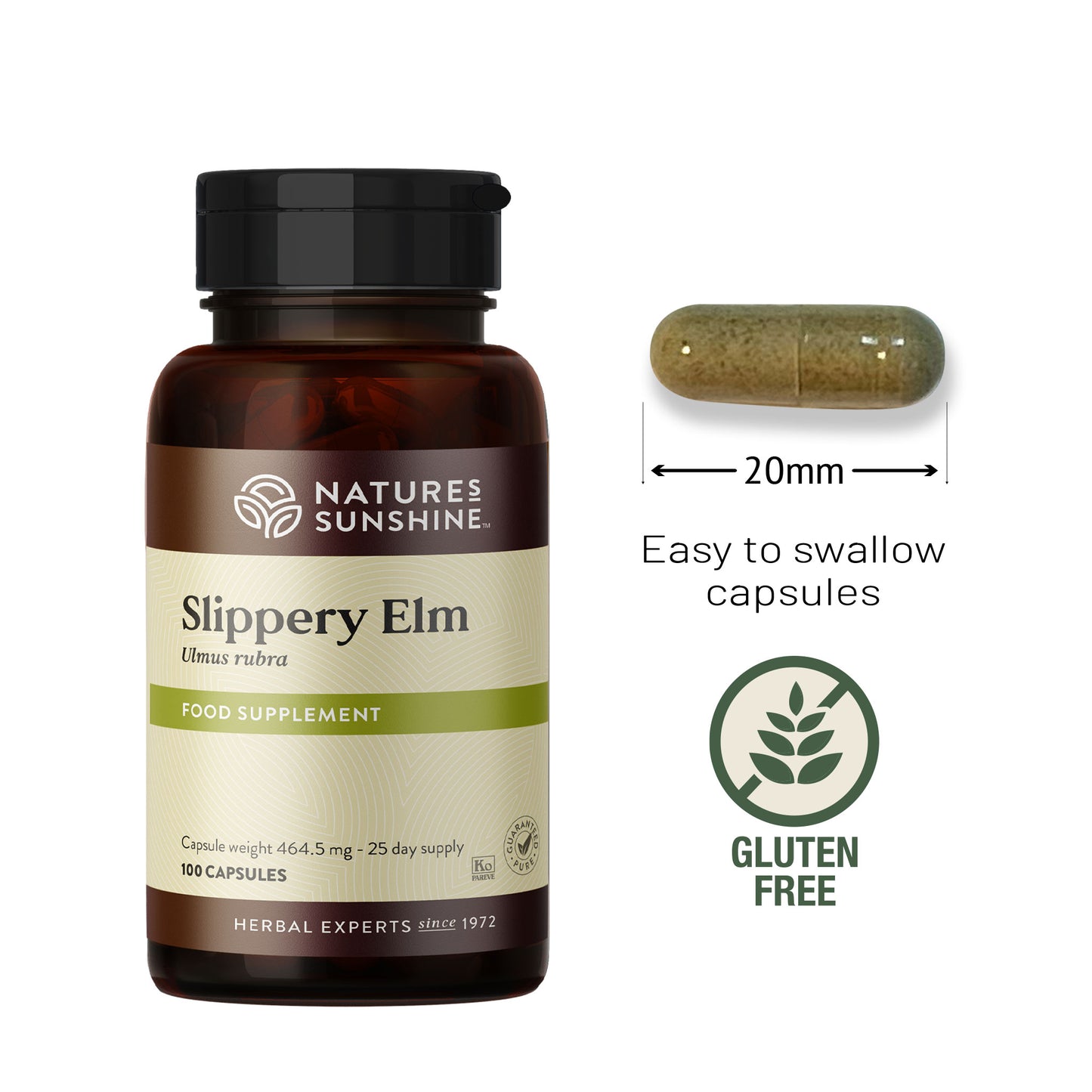 Nature’s Sunshine Slippery Elm supplement bottle with capsule shown beside for size reference, labelled gluten free.