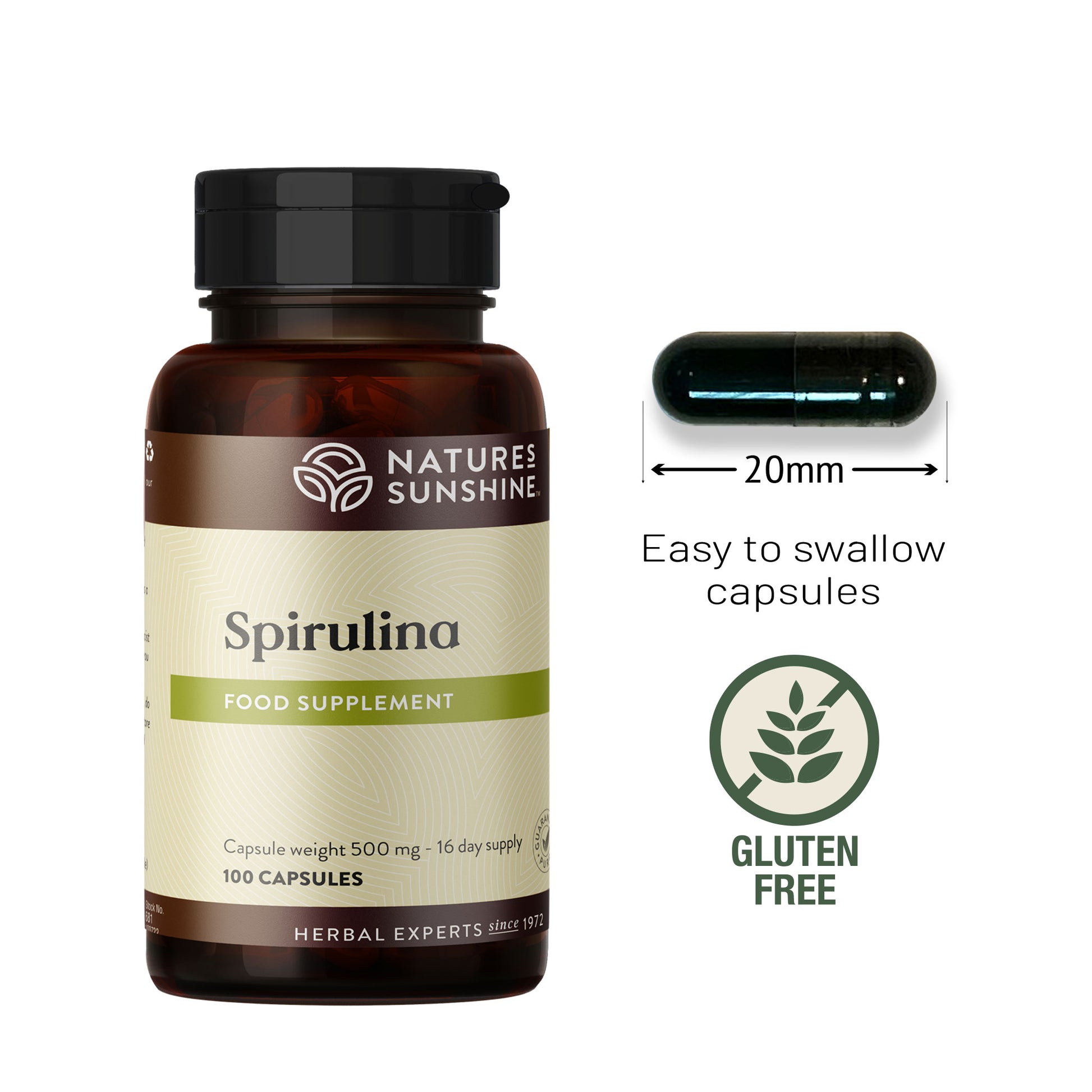 Nature’s Sunshine Spirulina bottle with 20mm capsule shown, labelled gluten free, easy-to-swallow food supplement.