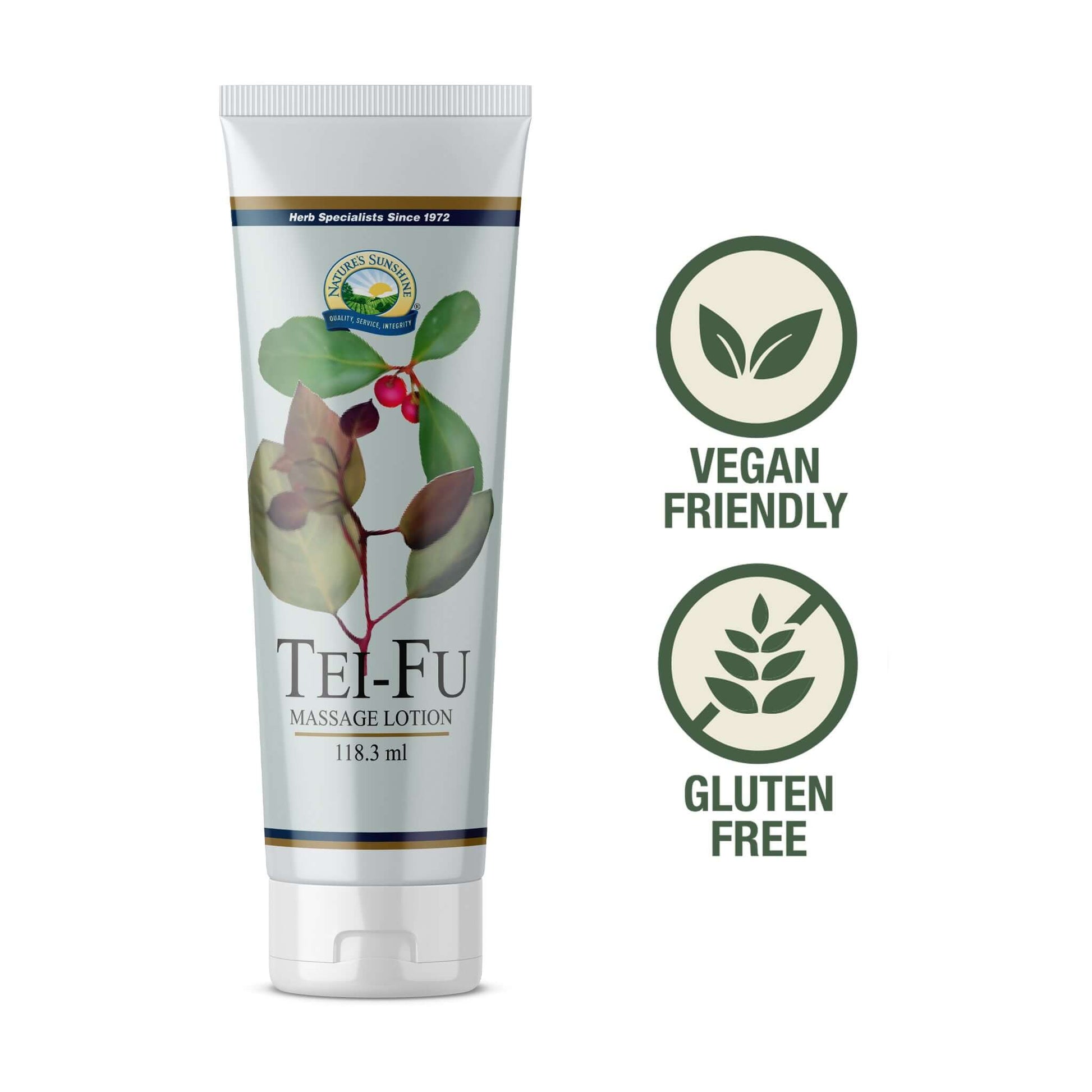 Tube of Tei-Fu Massage Lotion 118.3 ml with vegan friendly and gluten free icons displayed alongside the product.