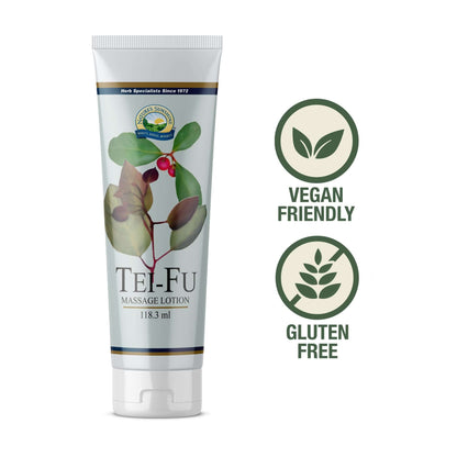 Tube of Tei-Fu Massage Lotion 118.3 ml with vegan friendly and gluten free icons displayed alongside the product.