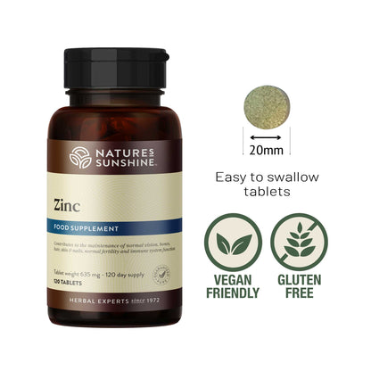 Nature’s Sunshine Zinc food supplement with 120 vegan-friendly, gluten-free easy to swallow tablets.