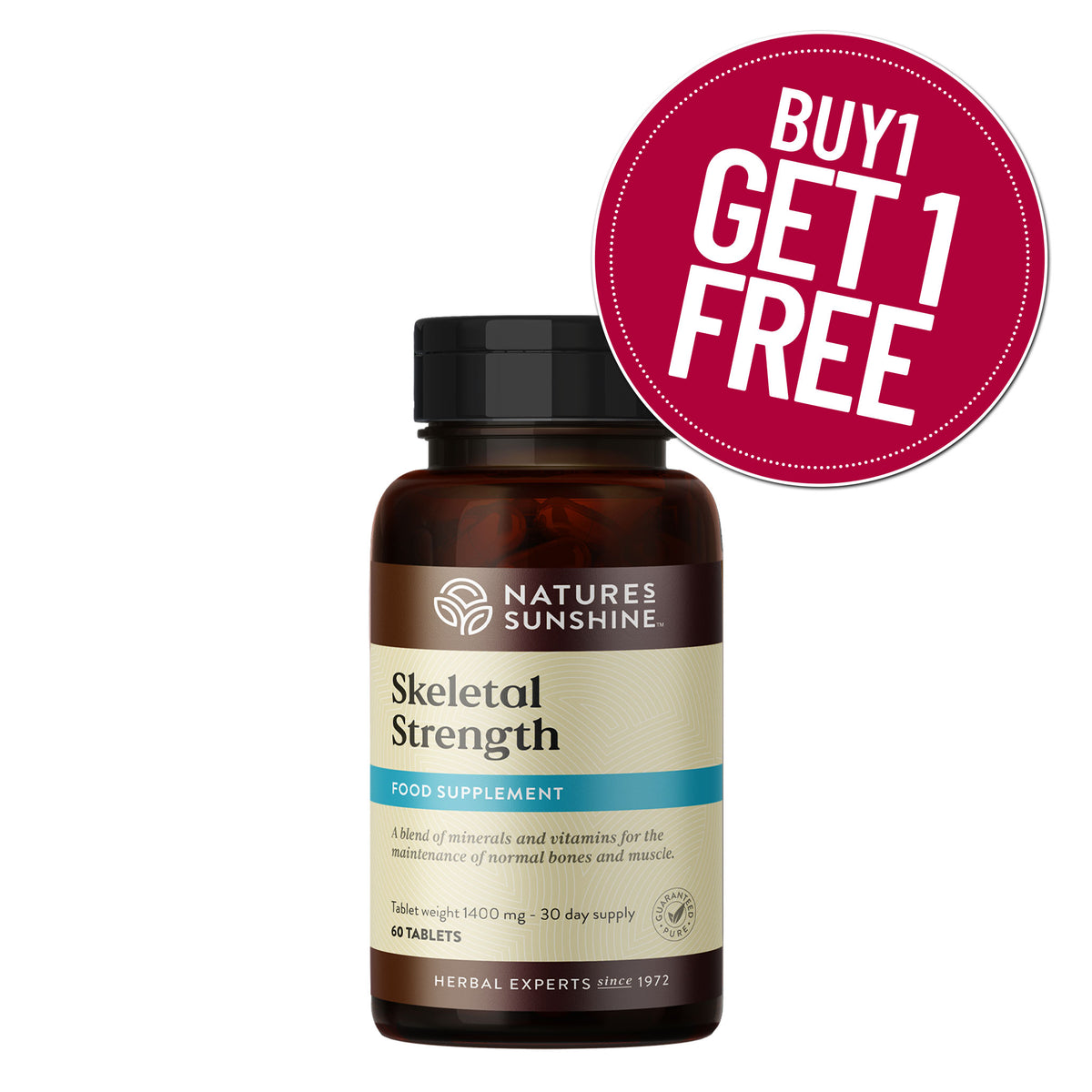 Nature's Sunshine Skeletal Strength food supplement bottle shown on a white background with a red circular 'BUY 1 GET 1 FREE' promotional badge in the top right.