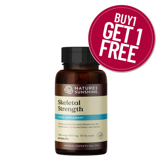 Nature's Sunshine Skeletal Strength food supplement bottle shown on a white background with a red circular 'BUY 1 GET 1 FREE' promotional badge in the top right.
