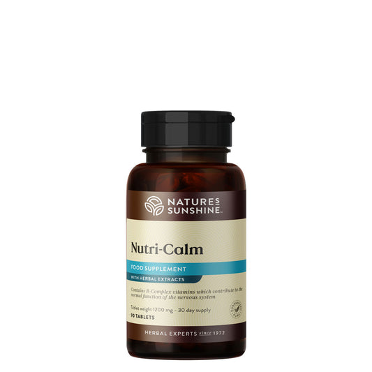 An amber bottle of Nature's Sunshine Nutri-Calm 90 tablets providing a 30 day supply