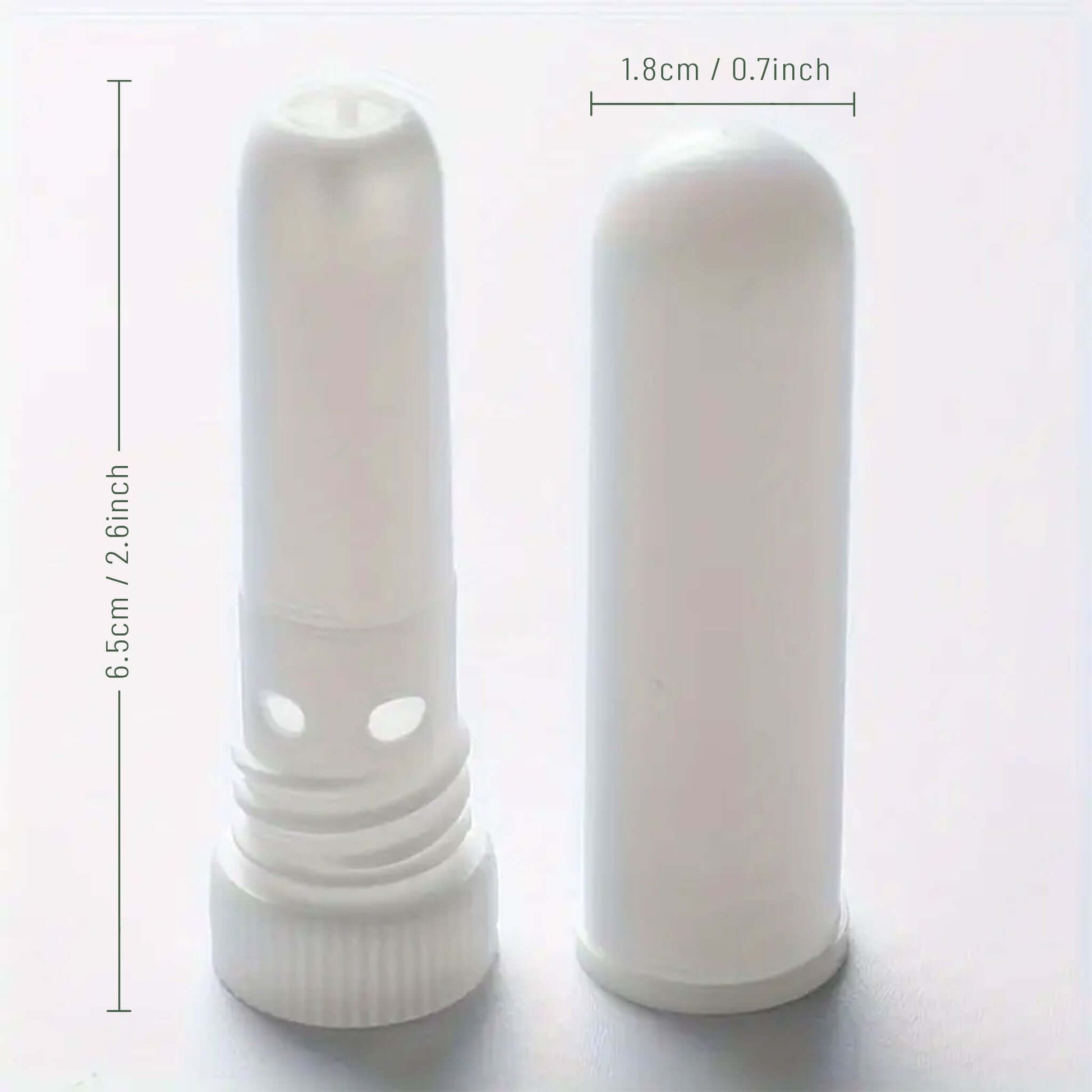 White nasal inhaler stick with dimensions indicated on a light grey background