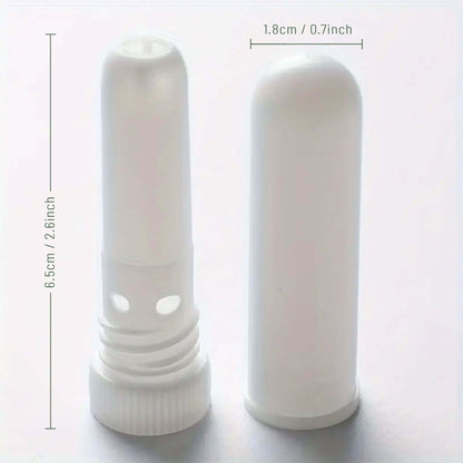 White nasal inhaler stick with dimensions indicated on a light grey background