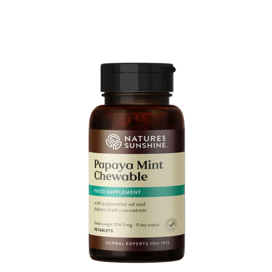 Dark amber bottle of Nature's Sunshine Papaya Mint Chewable supplement, with peppermint oil and papaya fruit concentrate, containing 70 tablets for an 11-day supply.