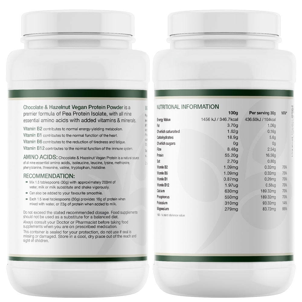 Pea Protein Powder displaying the back labels of the product. The label reads 'Chocolate & Hazelnut Vegan Protein Powder' and includes nutritional information.