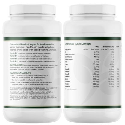 Pea Protein Powder displaying the back labels of the product. The label reads 'Chocolate & Hazelnut Vegan Protein Powder' and includes nutritional information.