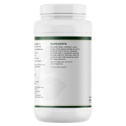 Pea Protein Powder shown from the back to display the ingredients label. The label features black text and thin green accent lines.