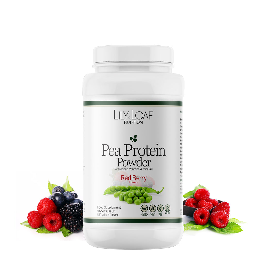 Red Berry Pea Protein Powder surrounded by an assortment of berries