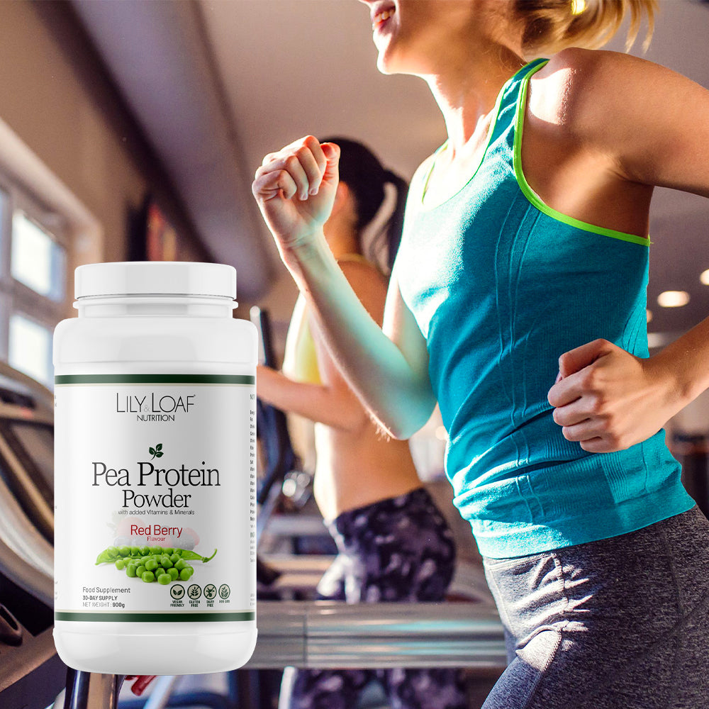 Women on a treadmill with Red Berry Pea Protein Powder in the foreground