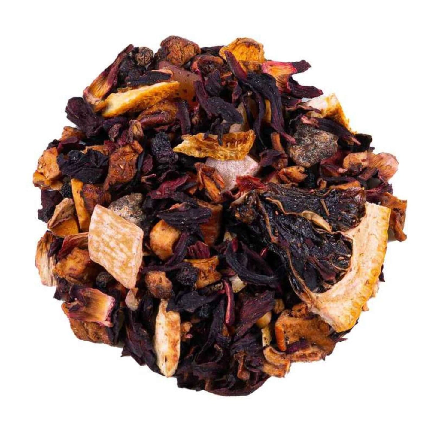 Close-up of loose-leaf Paradise of Fruit Tea, displaying the dried ingredients and natural texture of the blend.