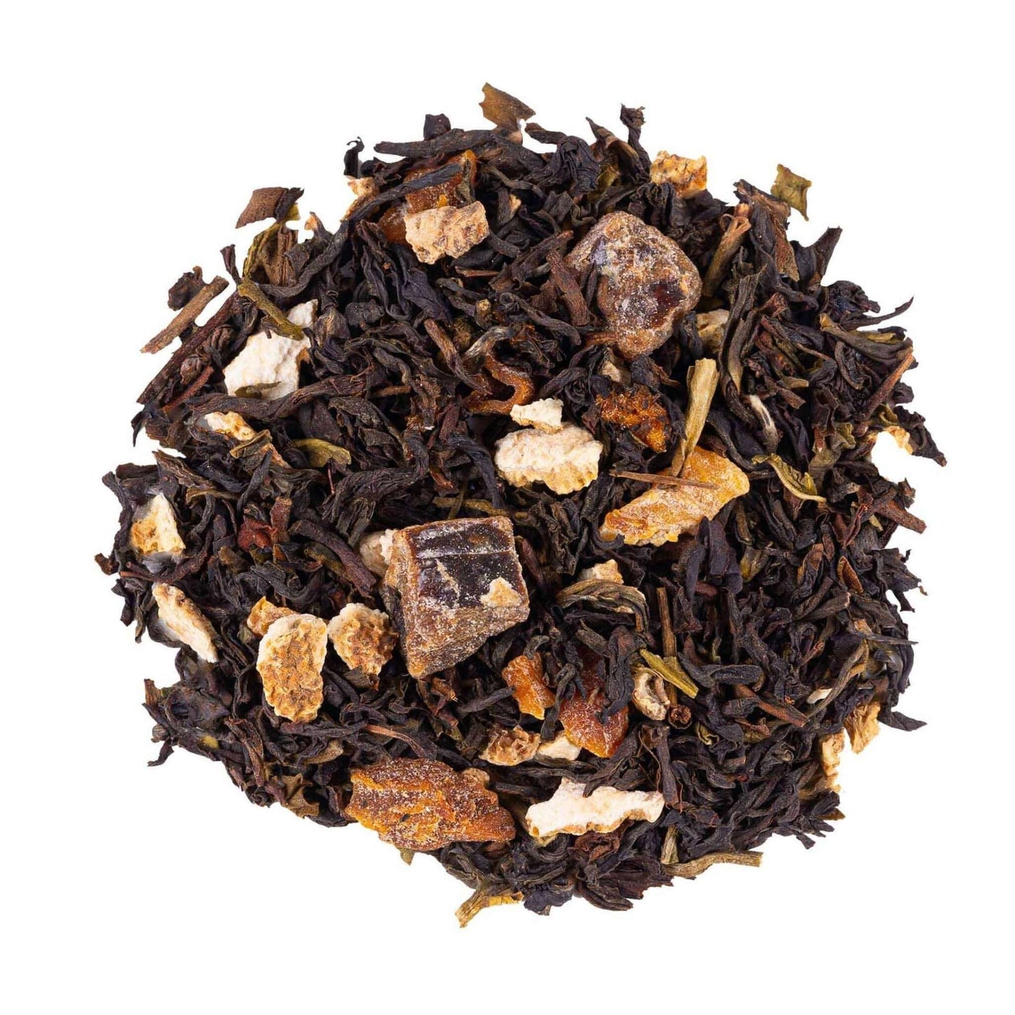 Close-up of loose-leaf Passion Fruit Flavoured Black Tea, displaying the dried ingredients and natural texture of the blend.