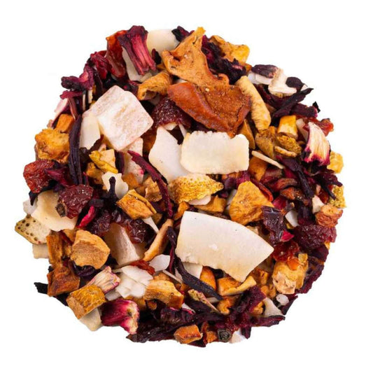 Close-up of loose-leaf Pina Colada Fruit Tea, displaying the dried ingredients and natural texture of the blend.
