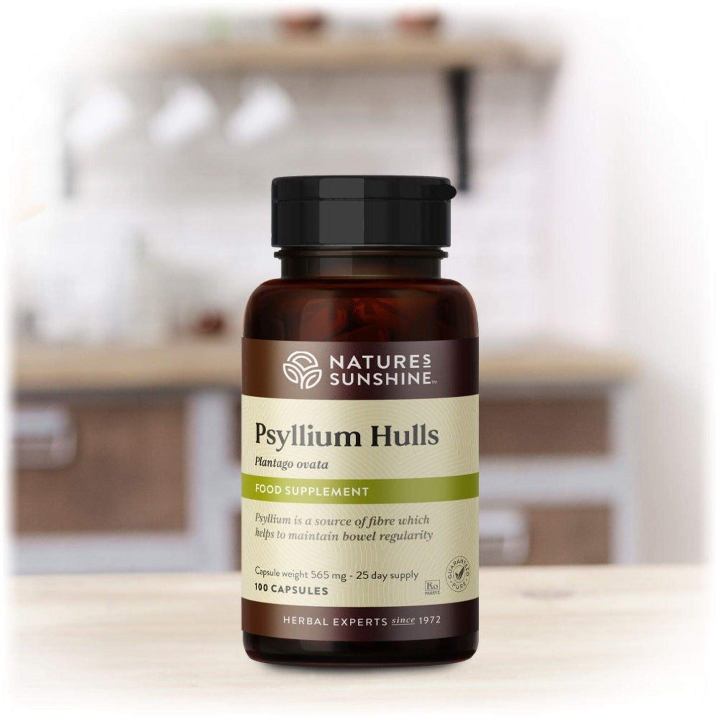 Psyllium Hulls capsules on a kitchen counter