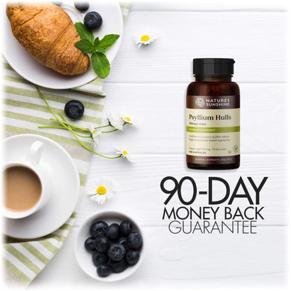 A bottle of Nature's Sunshine Psyllium Hulls capsules highlighting the 90-day money-back guarantee