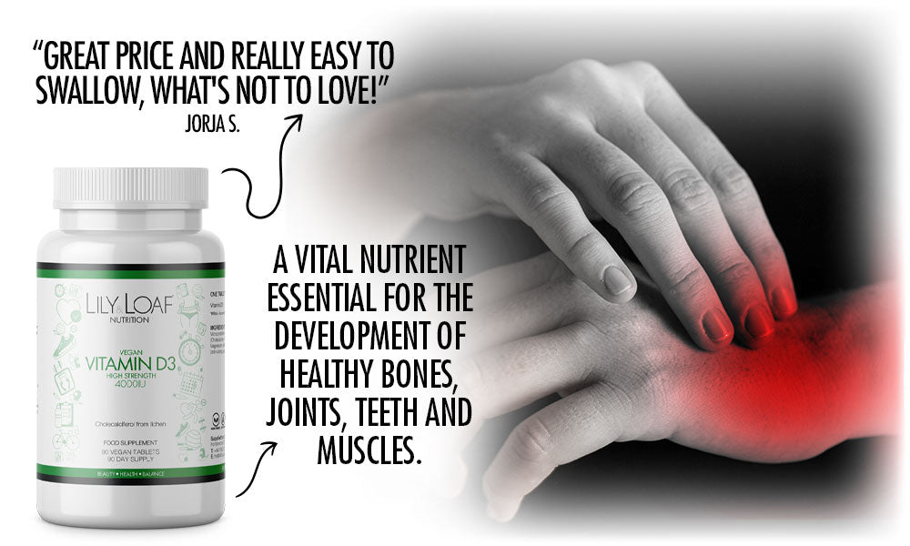 Lily & Loaf's Vitamin D3 supplement bottle with positive review for bone and joint health.