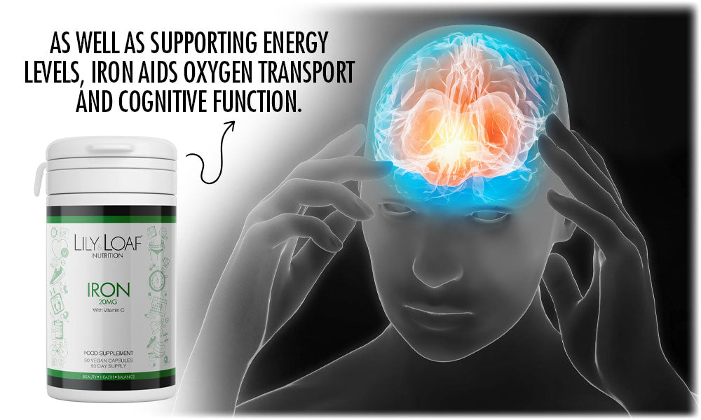 Lily & Loaf's Iron supplement highlighted for energy, oxygen transport, and brain function support.