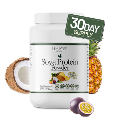 Lily & Loaf Soya Protein Powder container with tropical fruits on a white background and a 30 Day Supply icon