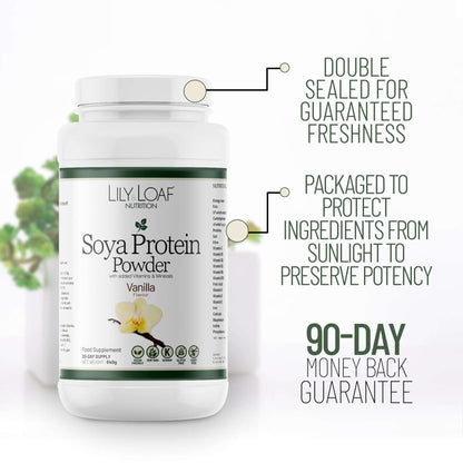 Vanilla Soya Protein packaging information and 90-day guarantee