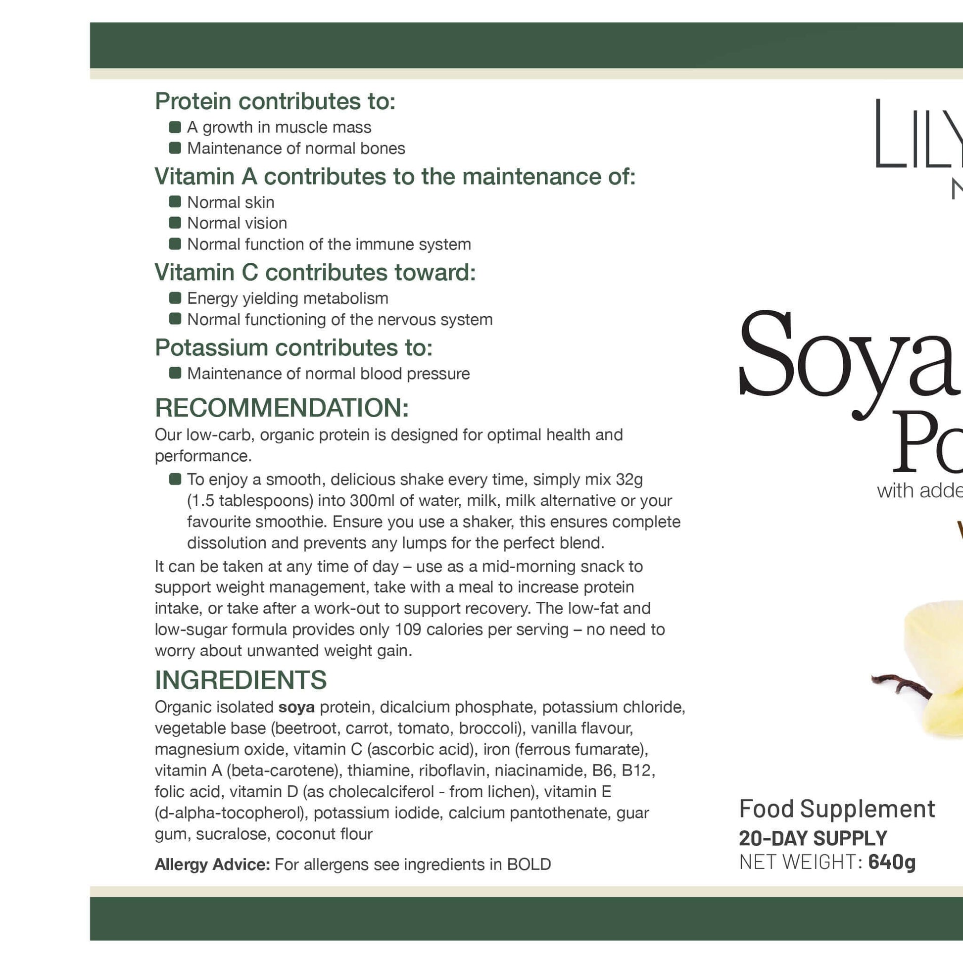 Vanilla Soya Protein Label with Ingredients 