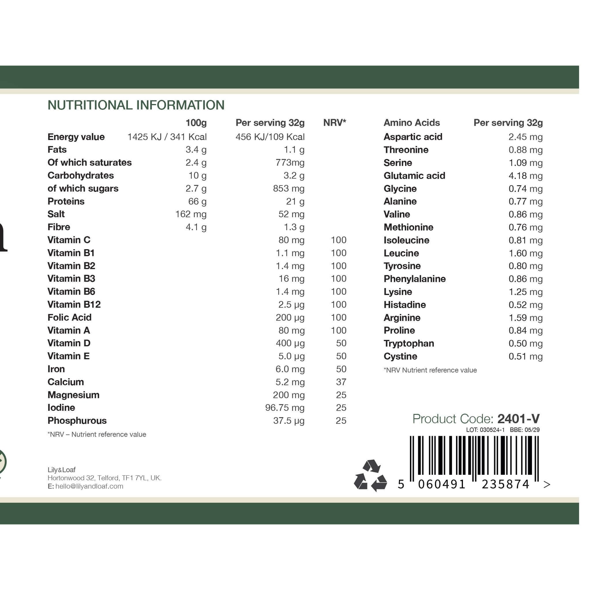 Vanilla Soya Protein Label with Nutritional Information