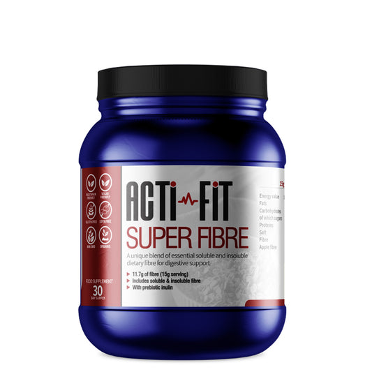 Blue container of Acti-Fit Super Fibre supplement, providing 11.7g of fiber per serving, 30-day supply, vegan and gluten-free, with prebiotic inulin.