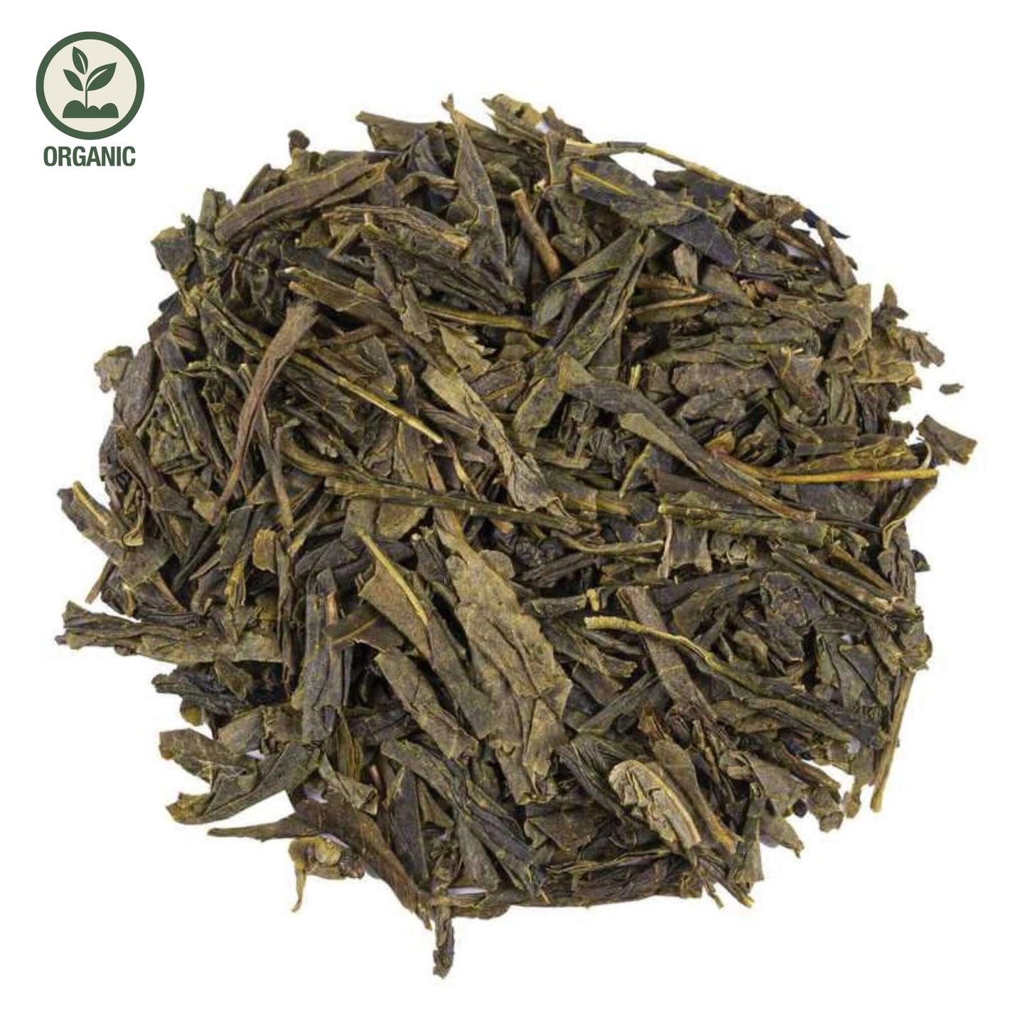 Close-up of loose-leaf Sencha Earl Grey Organic Flavoured Green Tea, displaying the dried ingredients and natural texture of the blend.