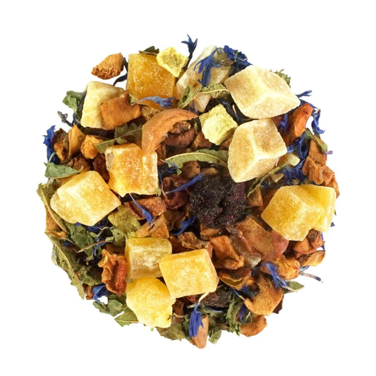 Close-up of loose-leaf Senorita Sandia Fruit Tea, displaying the dried ingredients and natural texture of the blend.
