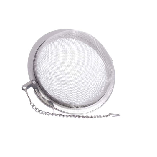 Metal tea ball infuser on a white background