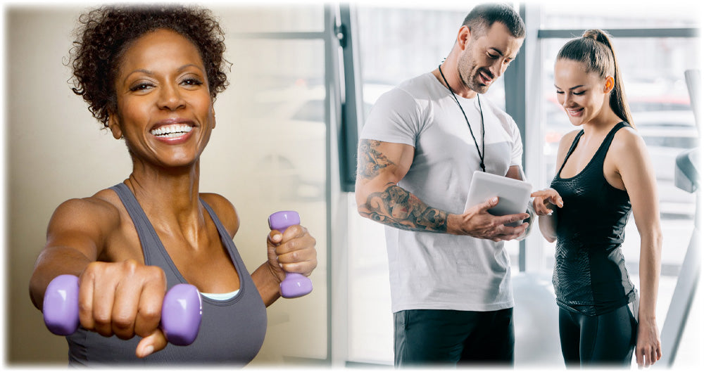 Collage of a smiling woman exercising with dumbbells and a trainer consulting with a woman in a gym, promoting fitness and personal training