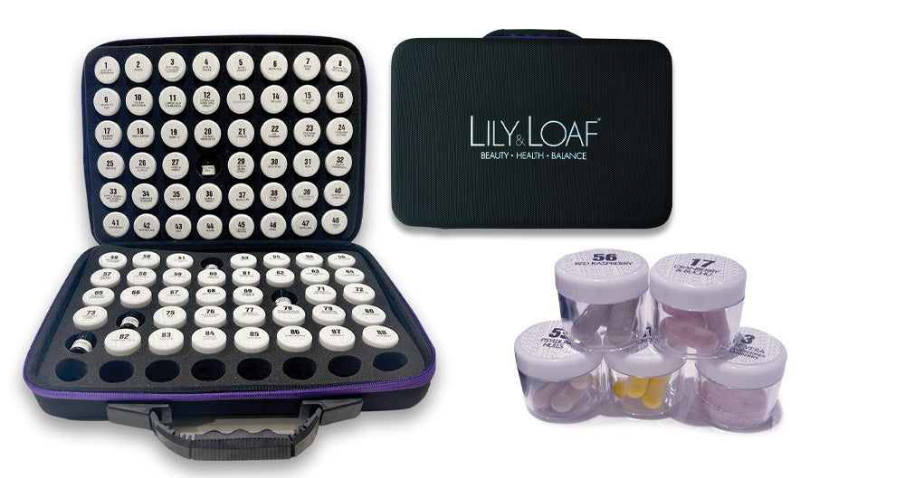Lily & Loaf supplement case with labeled containers, neatly organized, next to a stack of smaller supplement jars. The closed case shows the Lily & Loaf branding.