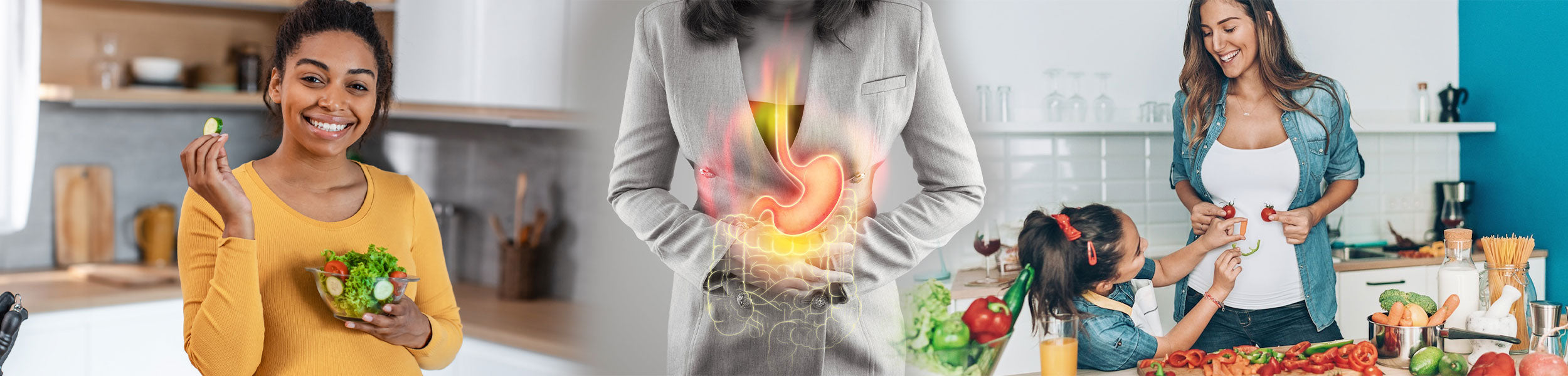 Three images: a woman in a kitchen holding a salad, a person with a digestive system illustration, and a family in a kitchen.