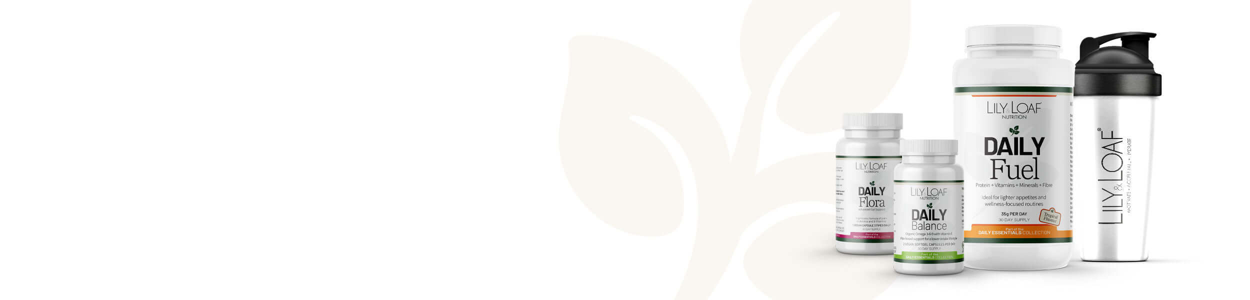 Daily Essentials Bundle including Daily Fuel, Daily Balance and Daily Flora and a shaker on a white background