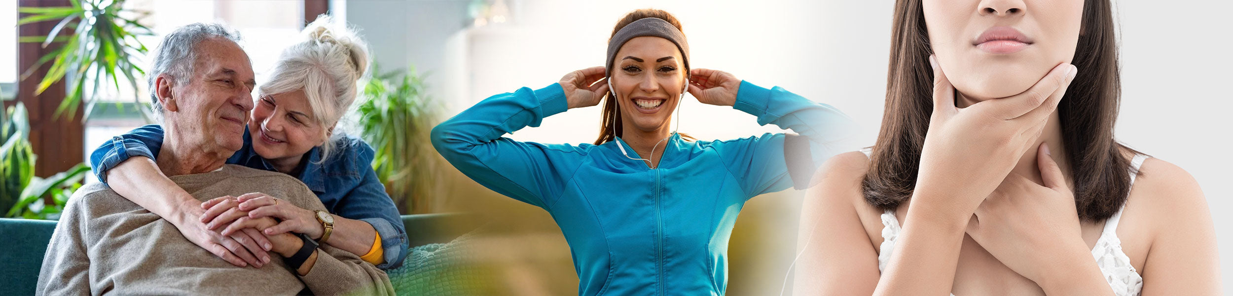 Three people in different settings: an elderly couple, a woman exercising, and a woman with her hand on her neck.