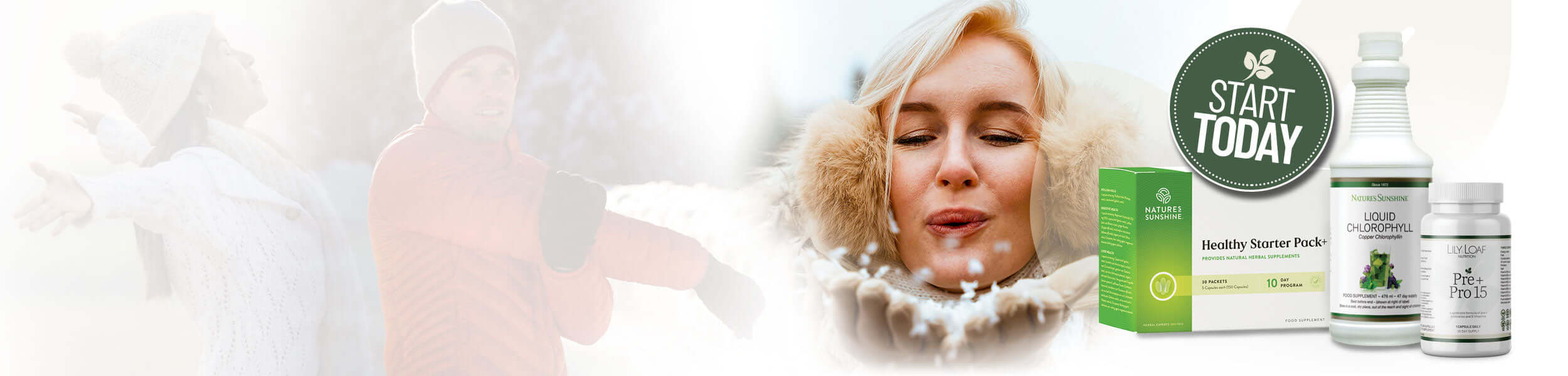 Woman taking Healthy Starter Programme supplements with a 'Start Today' product display in the background