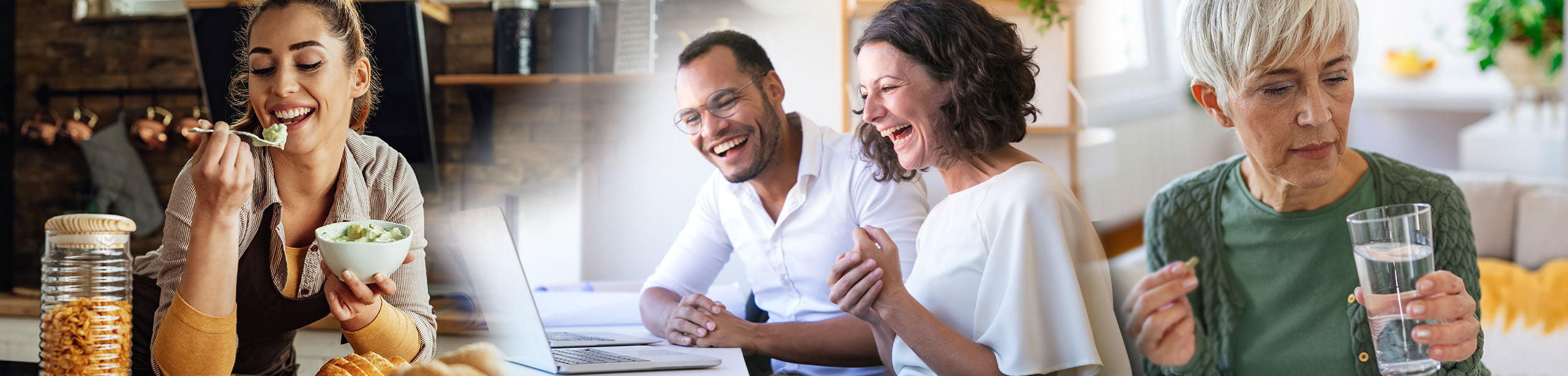 Collage of people in various settings, including a woman eating cereal, a couple using a laptop, and a woman holding a glass of water.