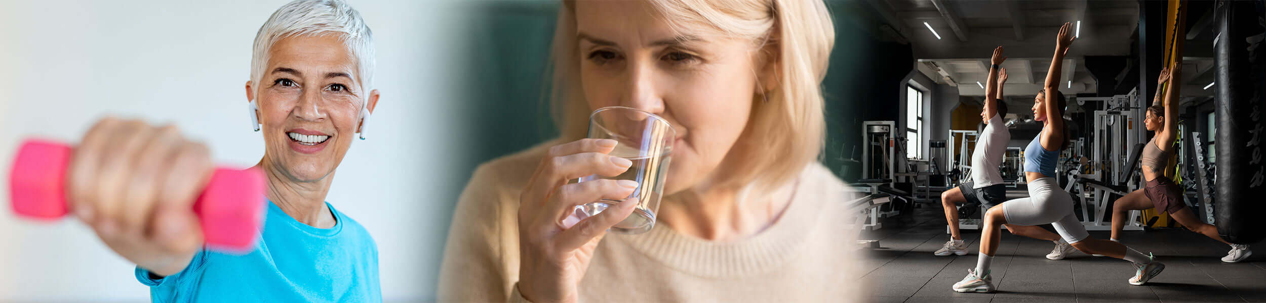 Three images: a woman with a pink dumbbell, a woman drinking water, and a gym scene.