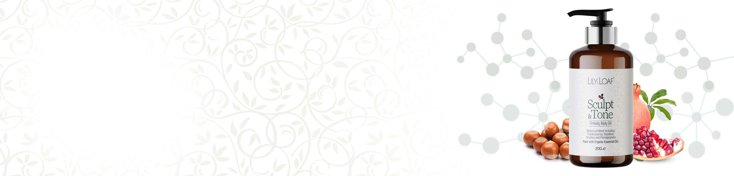 Lily & Loaf Sculpt & Tone Firming Body Oil bottle with pump and pomegranate illustration on a white background