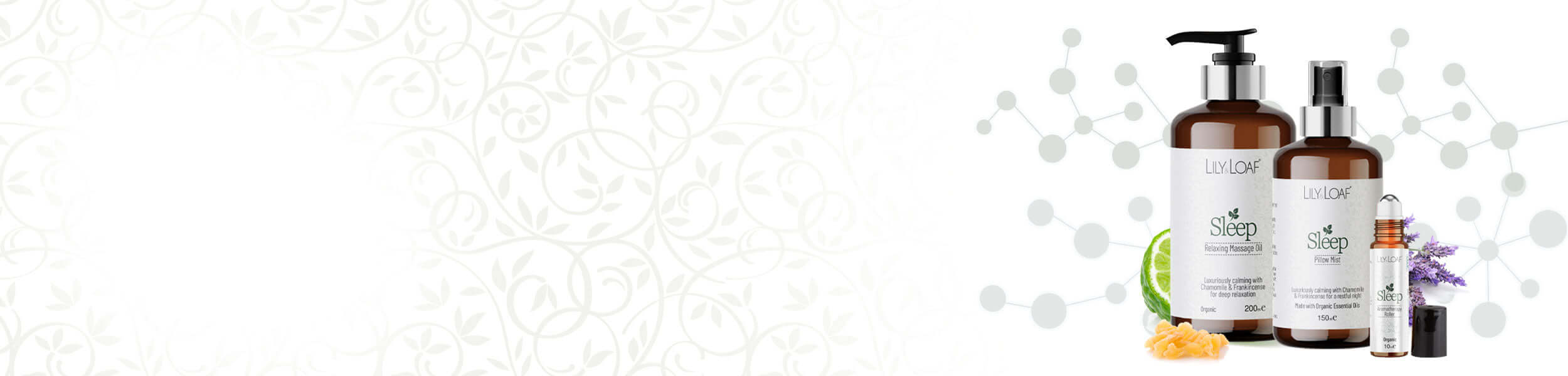 Sleep Collection Aromatherapy products including bottles and a pump on a light background with decorative elements.