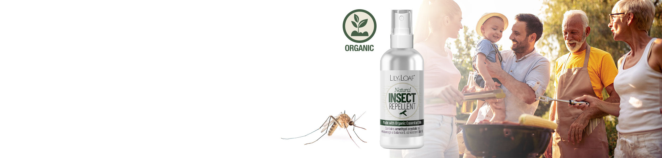 Lily & Loaf Insect repellent bottle with organic label, mosquito, and family outdoors.